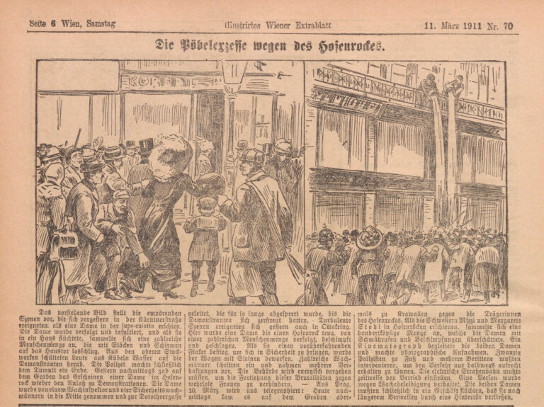 „Pöbelexzesse wegen des Hosenrockes“ (Illustrirtes Wiener Extrablatt, 11.März 1911)